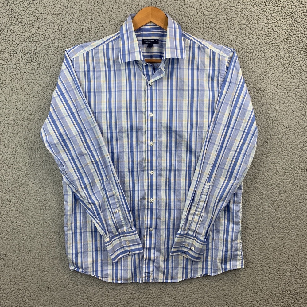 Peter Millar Crown Crafted Long Sleeve Shirt Size Large Blue & White Plaid Check